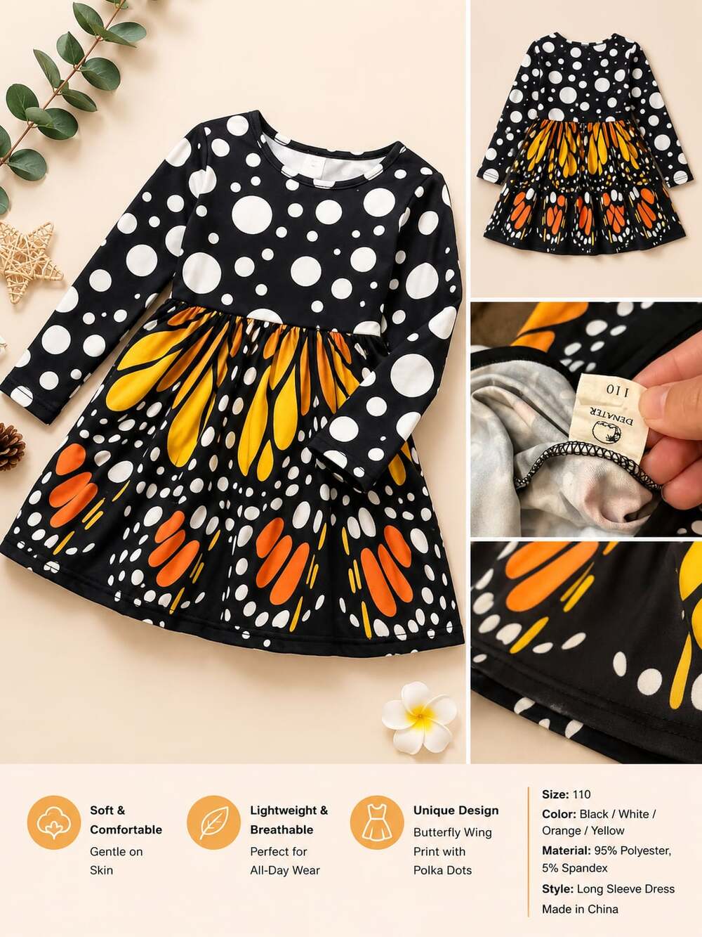 Girls Long Sleeve Monarch Butterfly Print and Polka Dot Swing Dress